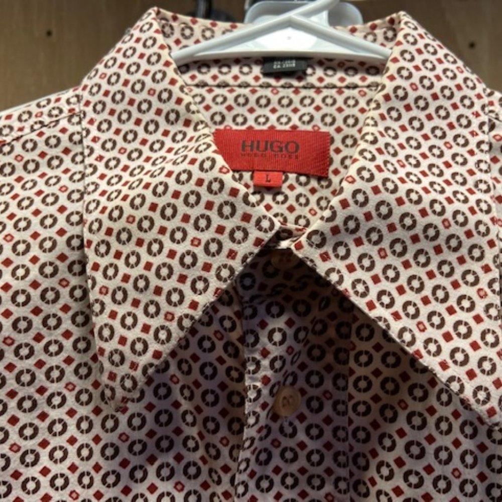 Hugo Boss Long Sleeve Button Dress Shirt, Size L, Red/Brown/Off White, Pattern